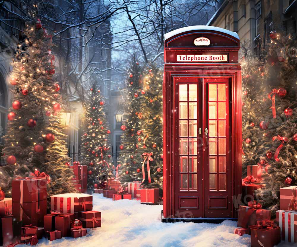 Kate Christmas Red Phone Booth Snow Backdrop Designed by Emetselch
