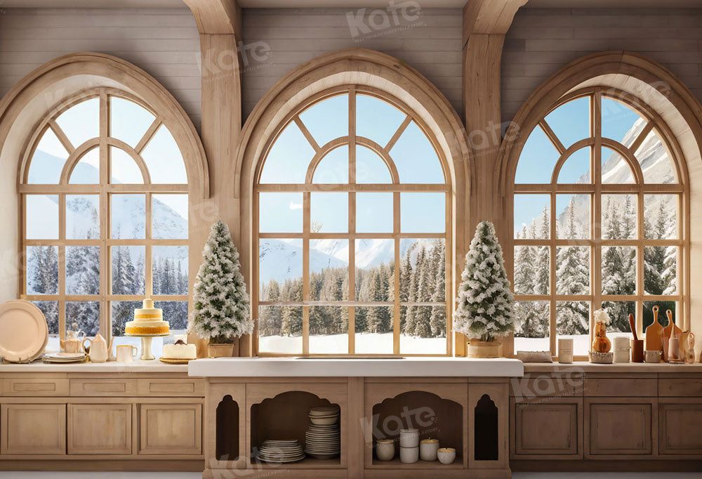 Sfondo natalizio con finestre innevate per fotografia