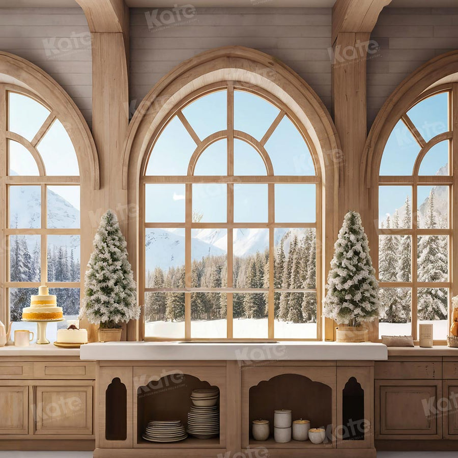Cozy Winter Lodge Window View Backdrop