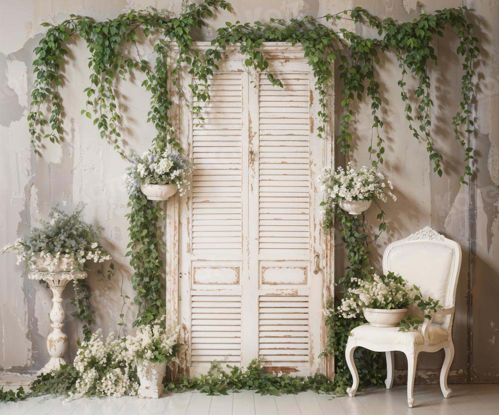 Kate Spring White Wall Green Plants Backdrop Designed by Emetselch