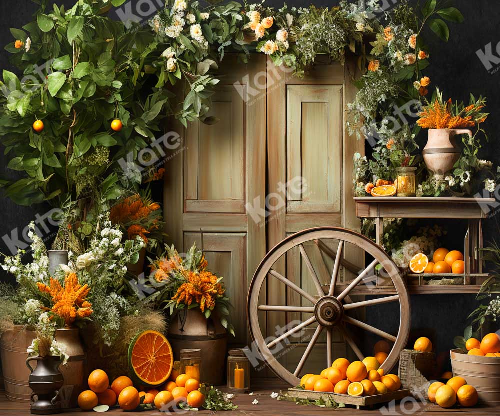 Kate Spring Flowers Orchard Wheel Wooden Door Backdrop Designed by Chain Photography