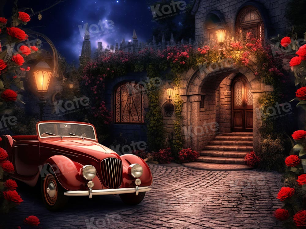 Kate Valentine's Day Rose Town Retro Cars Backdrop Designed by Emetselch
