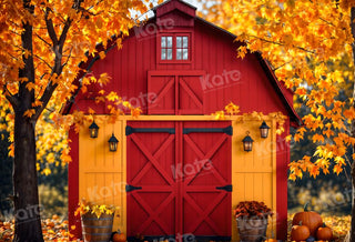 Kate Autumn Outdoor Red House Maple Leaves Printed Backdrop for Photography