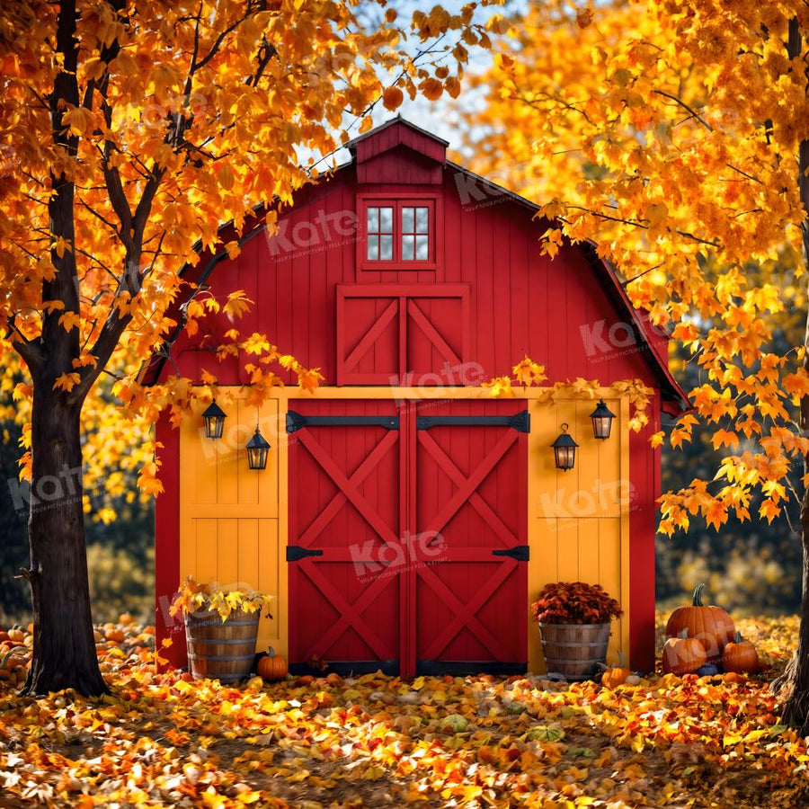 Kate Autumn Outdoor Red House Maple Leaves Backdrop for Photography