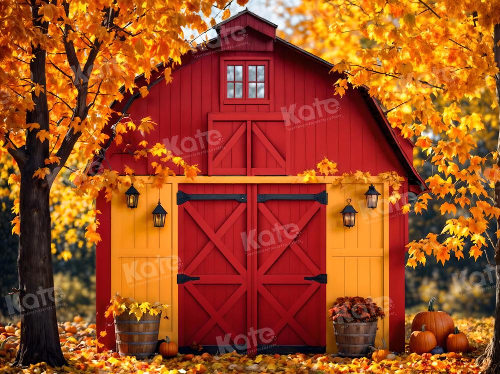 Kate Autumn Outdoor Red House Maple Leaves Backdrop for Photography