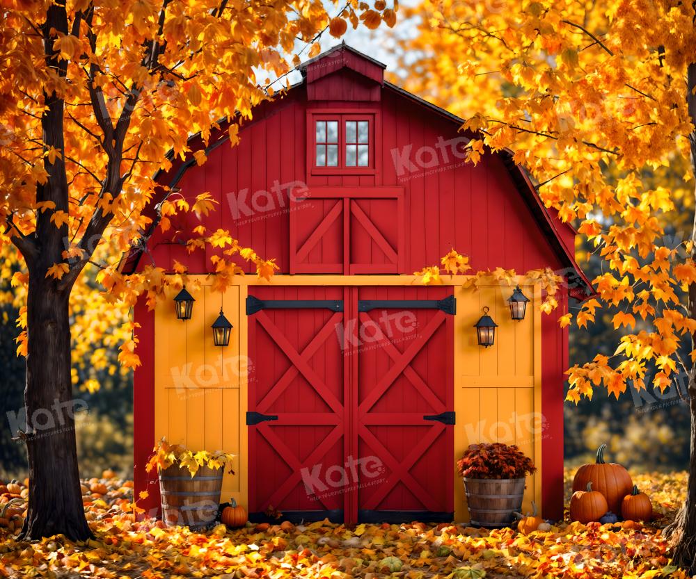 Kate Autumn Outdoor Red House Maple Leaves Backdrop for Photography