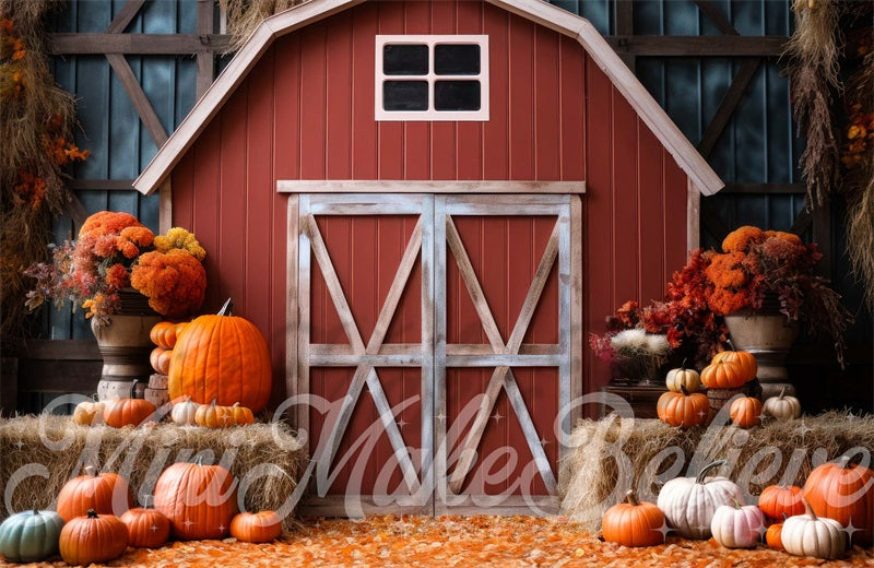 Kate Autumn Fall Barn Pumpkins Thanksgiving Backdrop Designed by Mini MakeBelieve