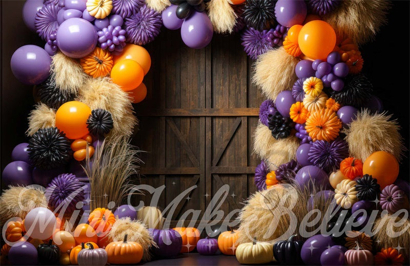 Kate Halloween Barn Pumpkins Balloons Backdrop Designed by Mini MakeBelieve