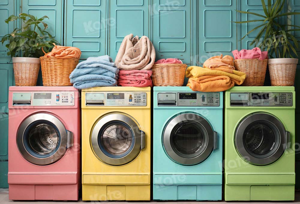 Kate Pet Laundry Day Colorful Washing Machine Spring Fleece Backdrop Designed by Chain Photography