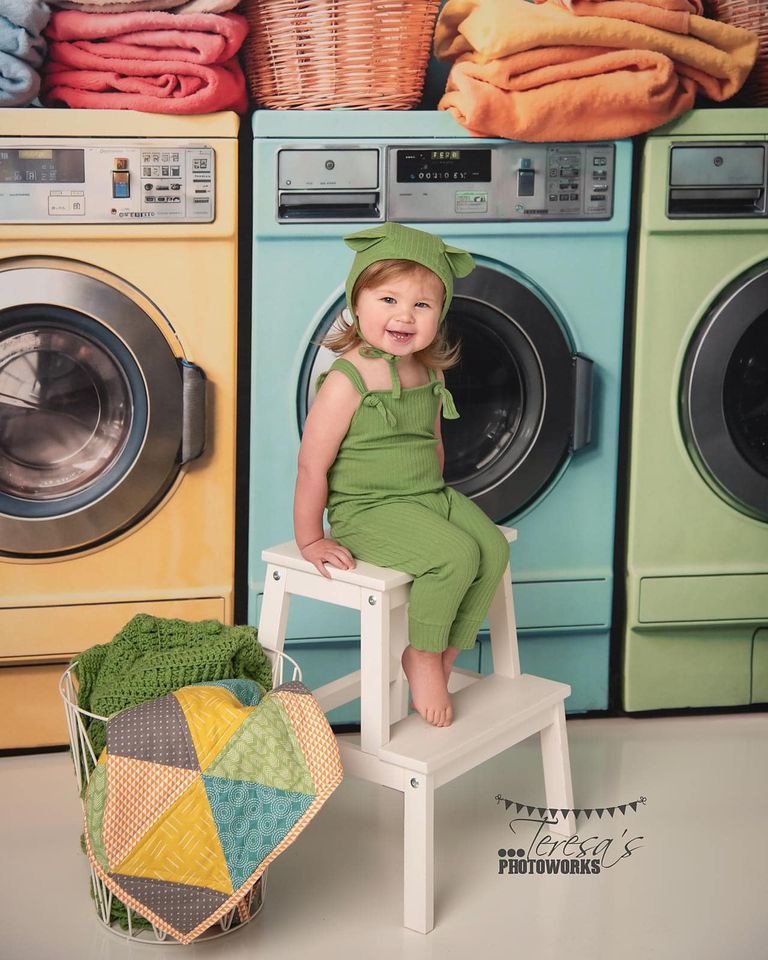 Kate Laundry Day Colorful Washing Machine Spring Fleece Backdrop Designed by Chain Photography
