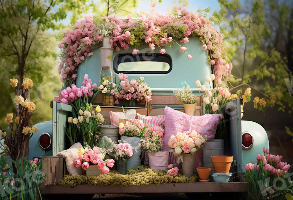 Spring Trcuk Background Vintage Floral Truck Garden Backdrop
