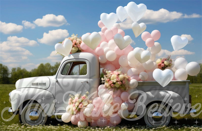 Kate Valentine's Day White Truck Hearts Backdrop Designed by Mini MakeBelieve