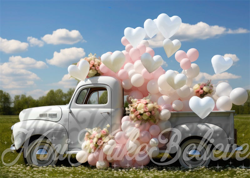 Kate Valentine's Day White Truck Hearts Backdrop Designed by Mini MakeBelieve