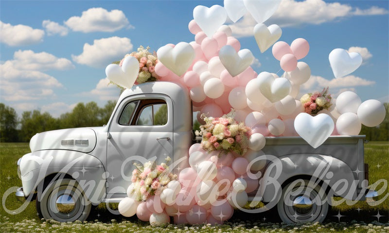 Kate Valentine's Day White Truck Hearts Backdrop Designed by Mini MakeBelieve