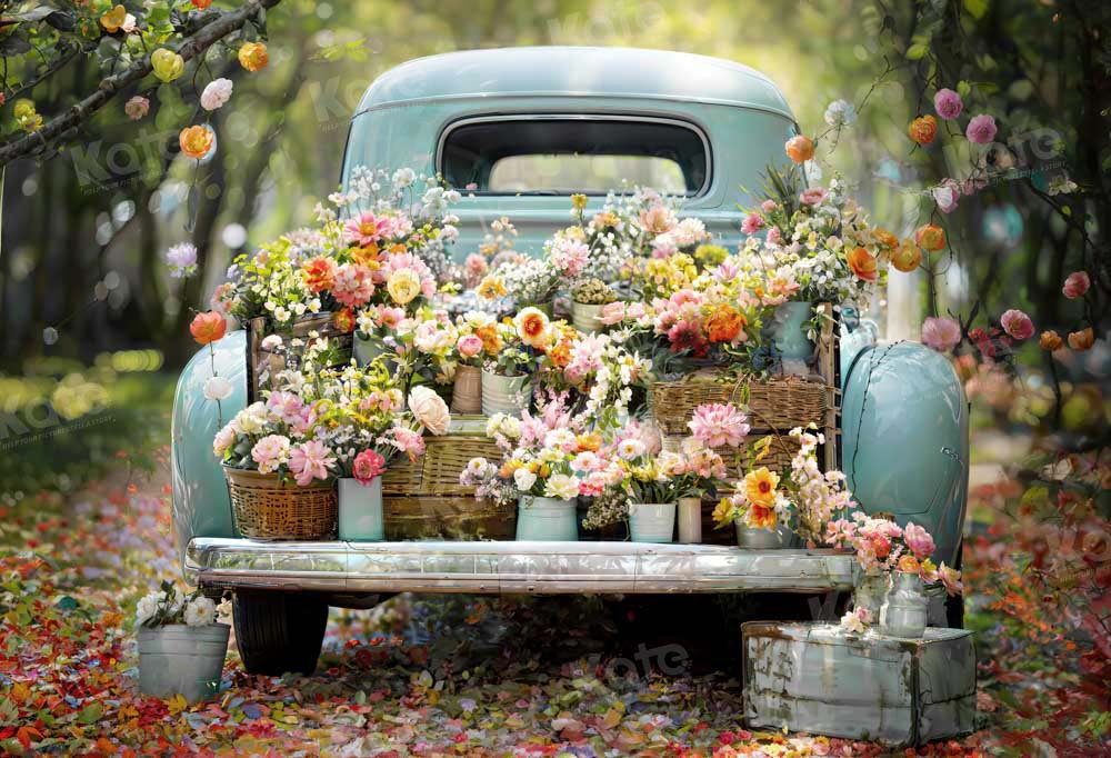 Kate Spring Green Forest Truck Flowers Backdrop Designed by Emetselch