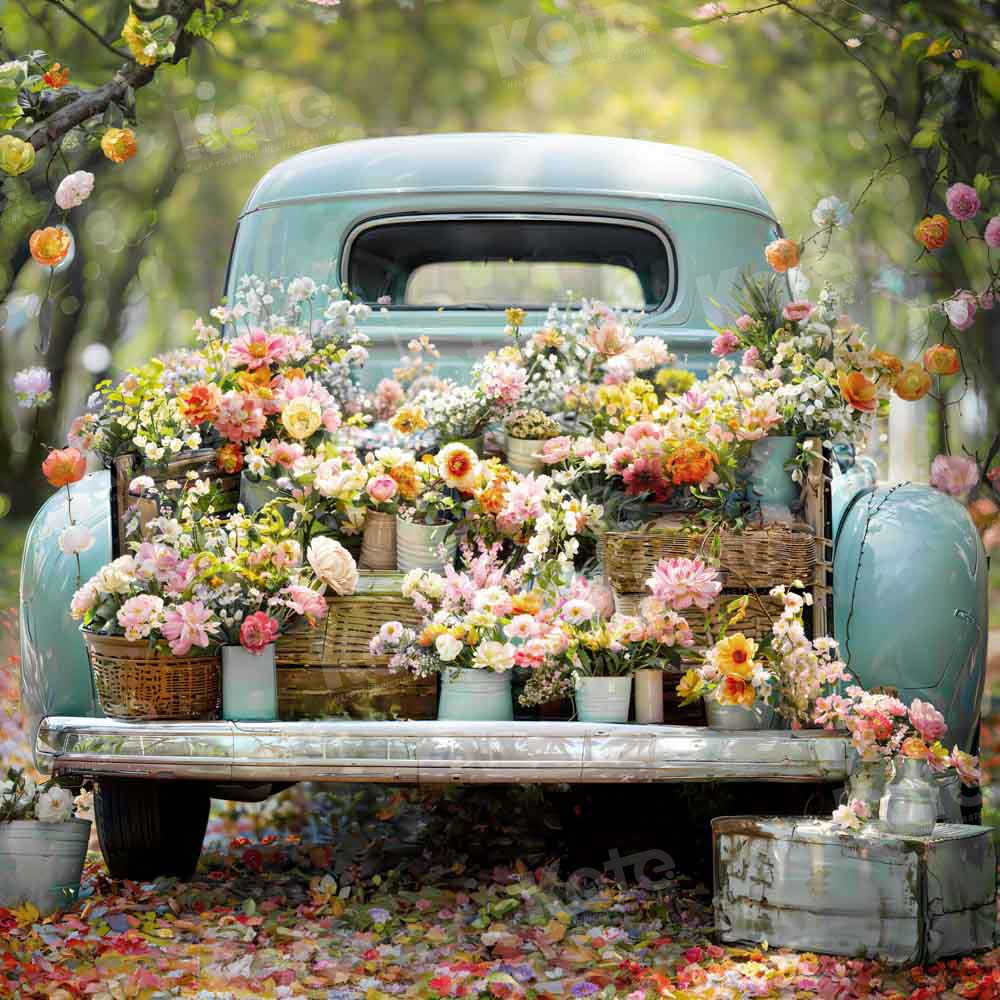 Kate Spring Green Forest Truck Flowers Backdrop Designed by Emetselch