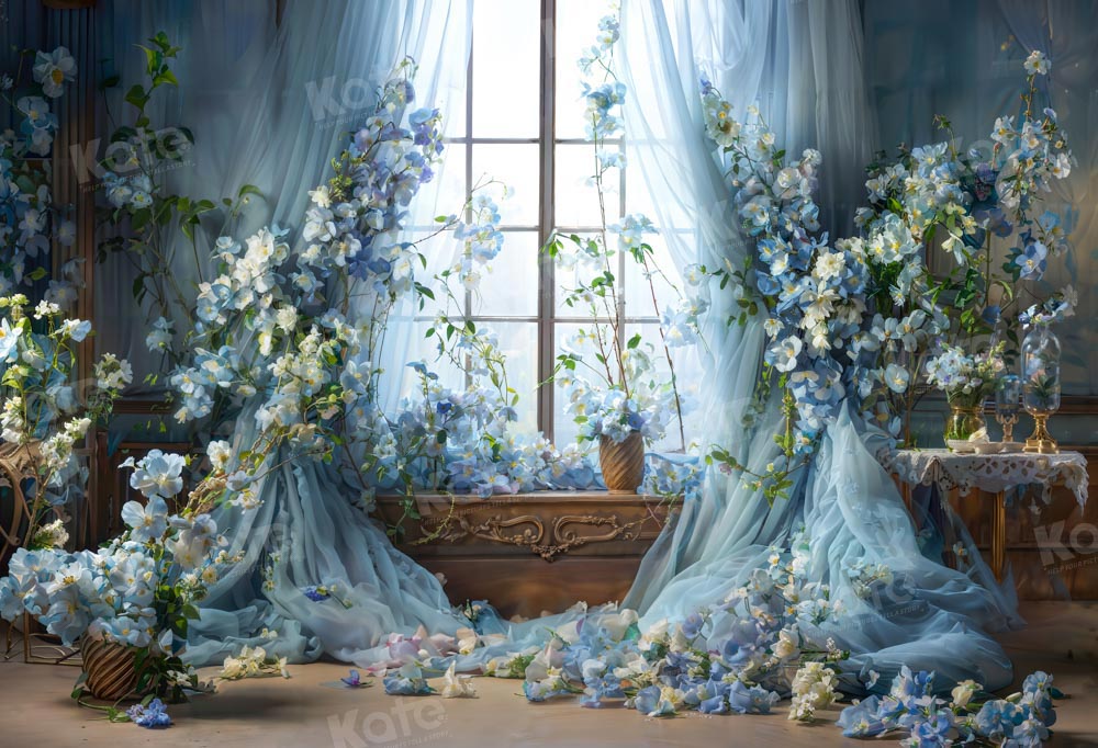Kate Blue Flower Curtain Window Room Spring Backdrop Designed by Emetselch