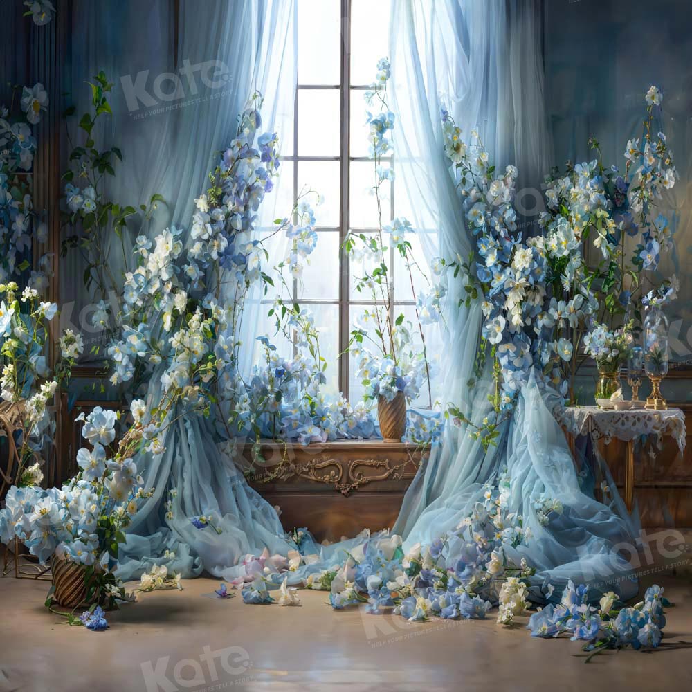 Kate Blue Flower Curtain Window Room Spring Fleece Backdrop Designed by Emetselch