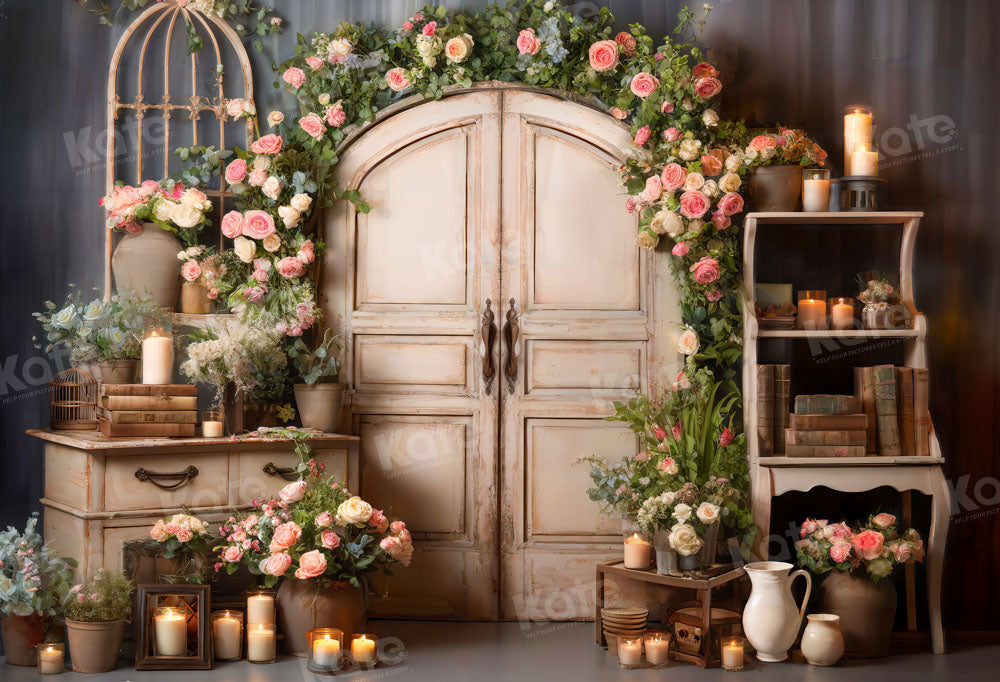 Kate Pink Flower Candle Wooden Door Backdrop Designed by Emetselch