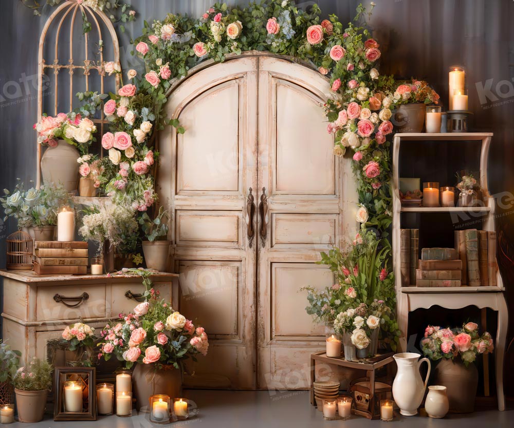 Kate Pink Flower Candle Wooden Door Backdrop Designed by Emetselch