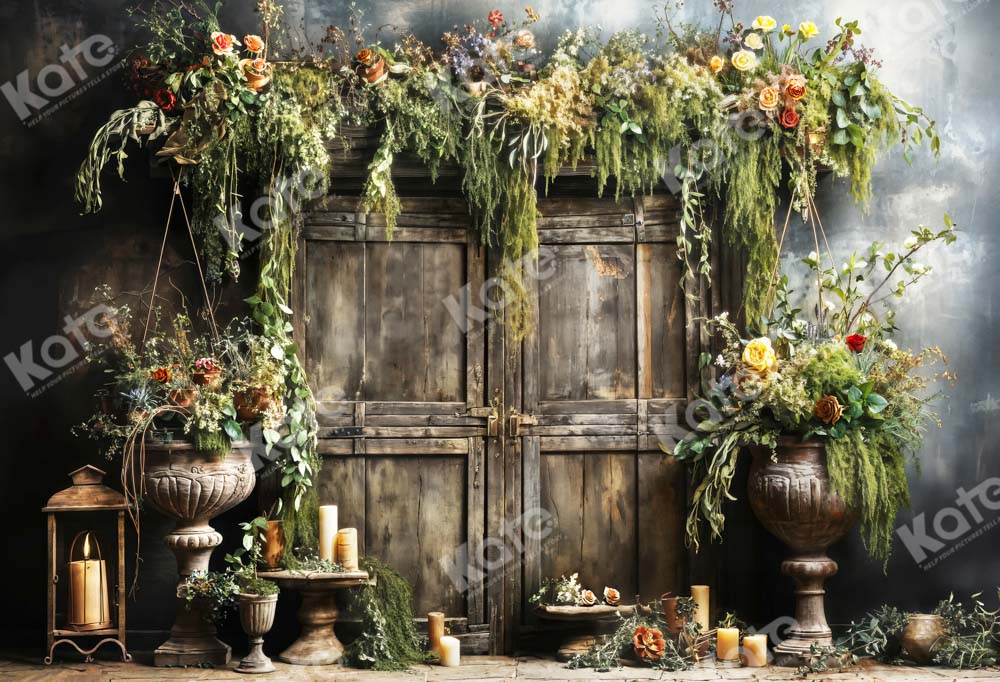 Kate Spring Green Plant Candle Wooden Door Backdrop Designed by Emetselch