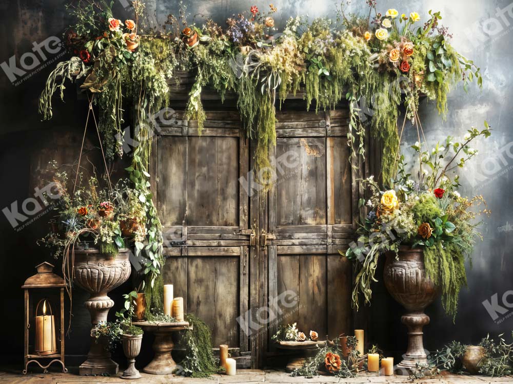 Kate Spring Green Plant Candle Wooden Door Backdrop Designed by Emetselch