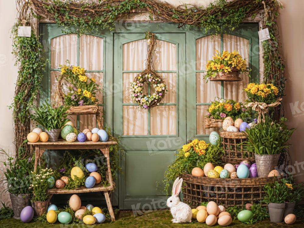 Uova di Pasqua con fiori, piante verdi e coniglio per lo sfondo della stanza progettati da Emetselch