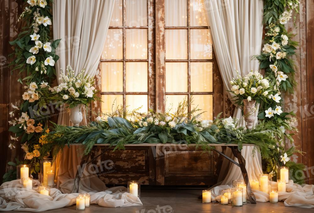 Kate White Flowers Candles Window Curtains Backdrop Designed by Emetselch