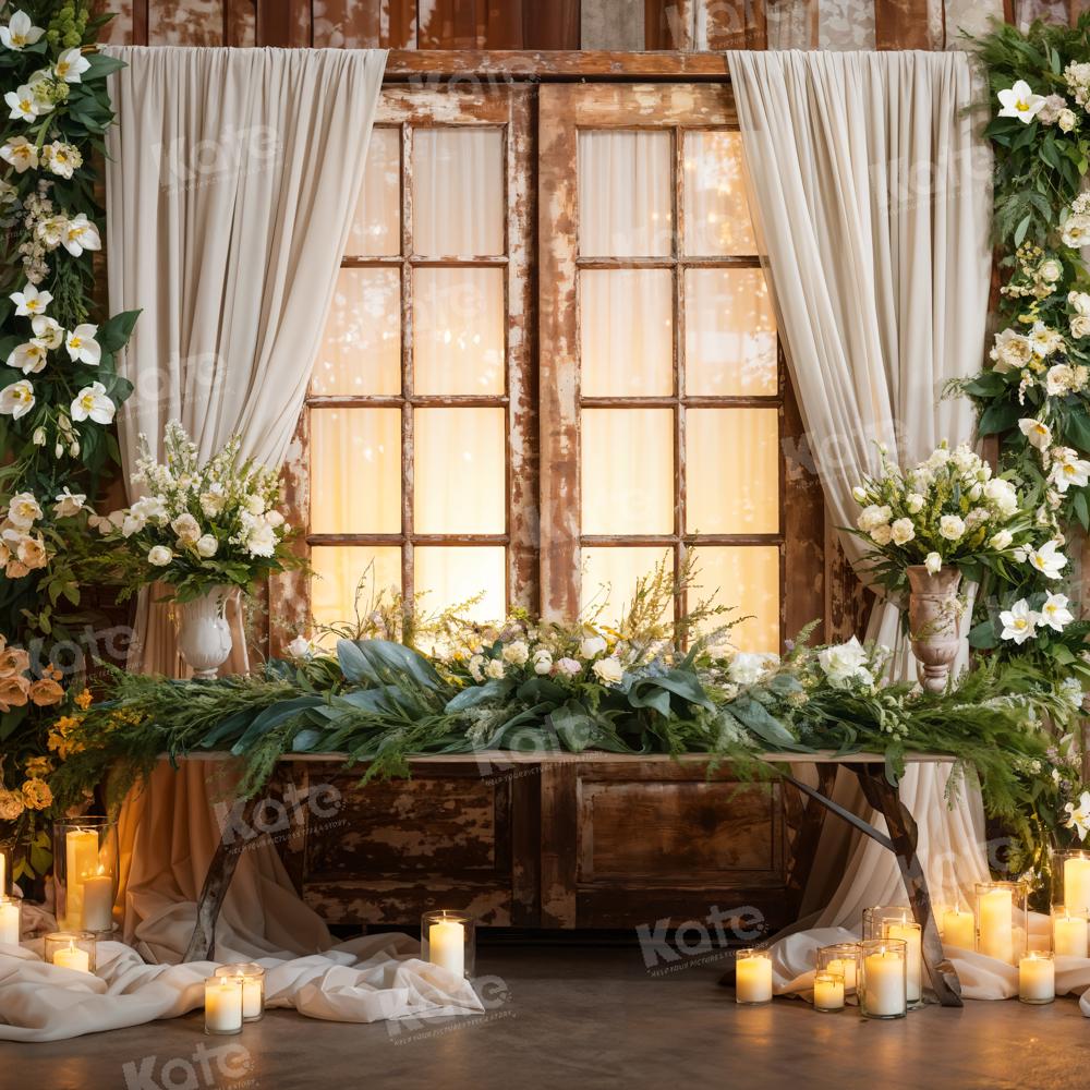 Kate White Flowers Candles Window Curtains Backdrop Designed by Emetselch