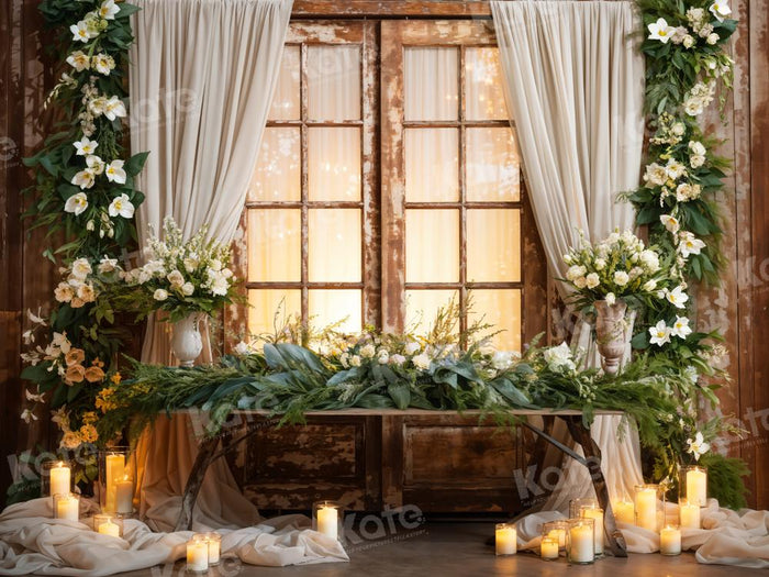 Kate White Flowers Candles Window Curtains Backdrop Designed by Emetse