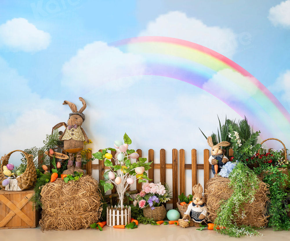 Kate Rainbow Sky Bunny Fence Backdrop Designed by Emetselch