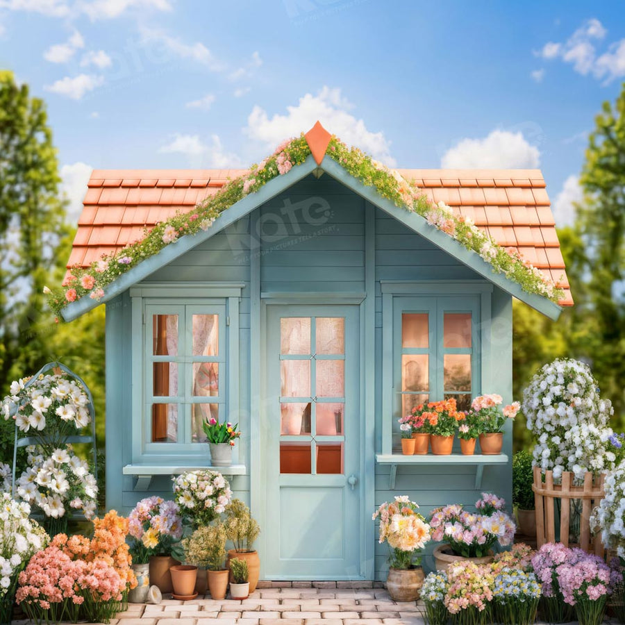Charming Rustic Blue Garden Cottage Backdrop