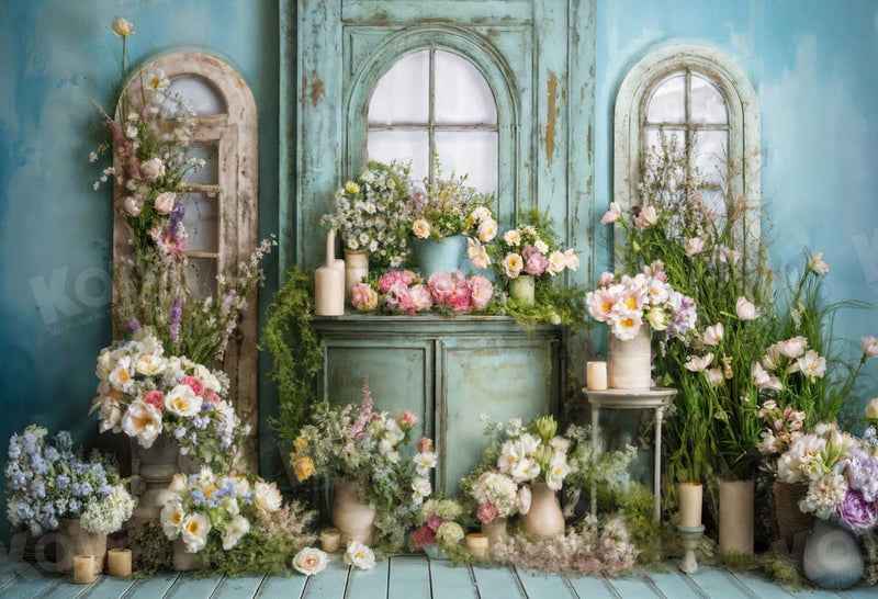 Aperturee Boho Floral Retro Blue Wall Window Room Set Backdrop