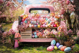 Sfondo colorato con uova di Pasqua disegnato da Emetselch su un camion rosa a molla