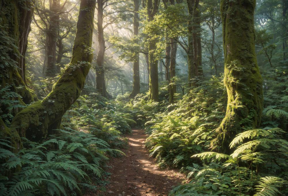 Fondo de aventura en un bosque verde en primavera para fotografía