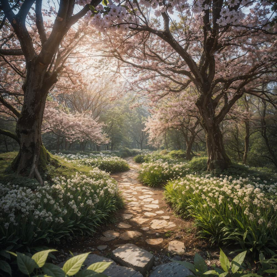 Sunlit Cherry Blossom Garden Pathway