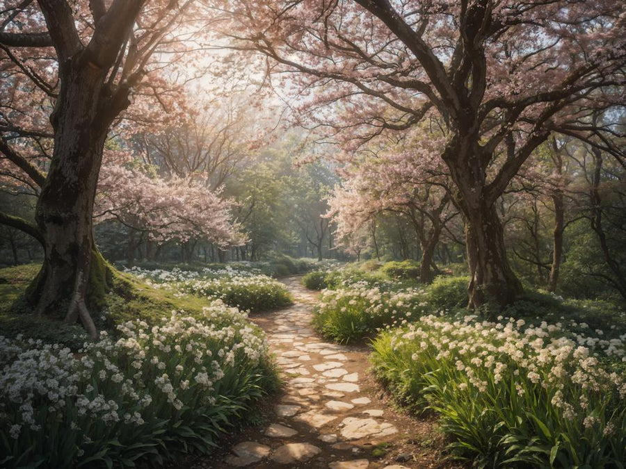 Sunlit Cherry Blossom Garden Pathway
