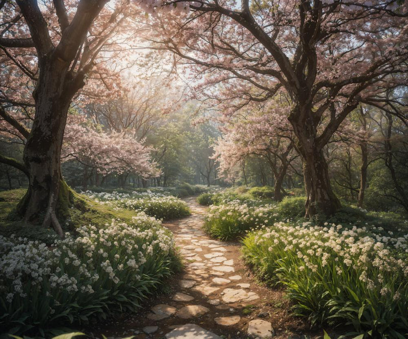 Sunlit Cherry Blossom Garden Pathway
