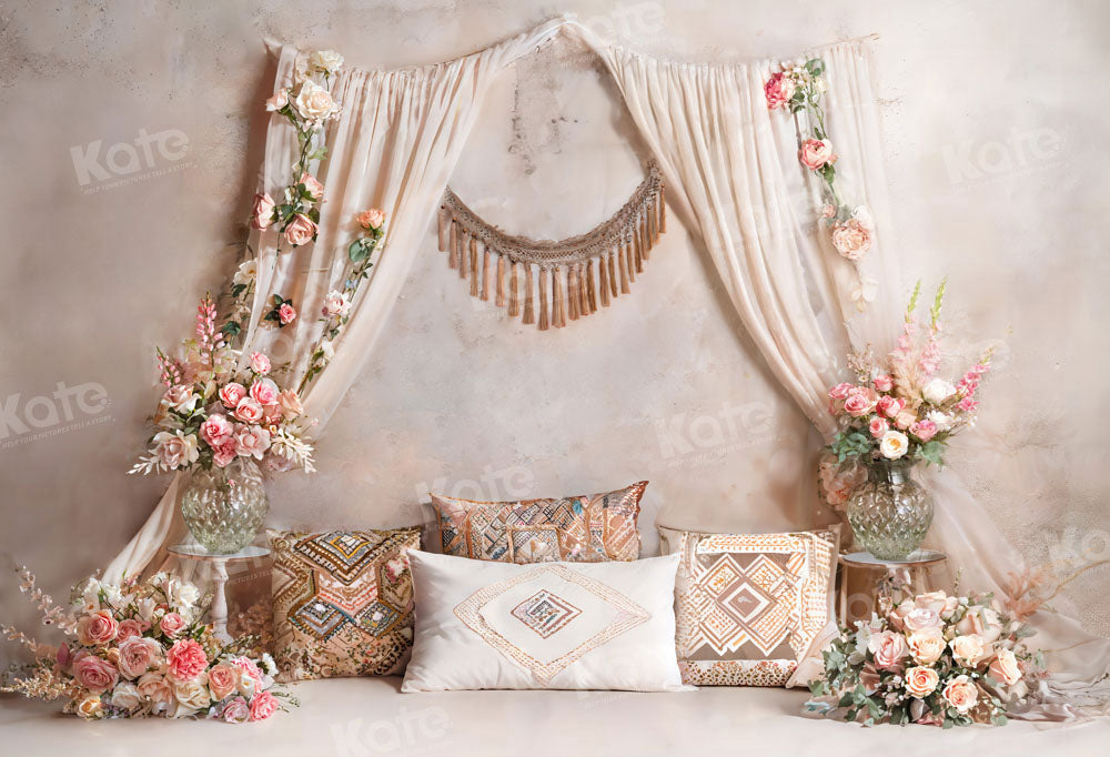 Kate Boho Pink Rose Bed Curtain Pillow Backdrop Designed by Emetselch