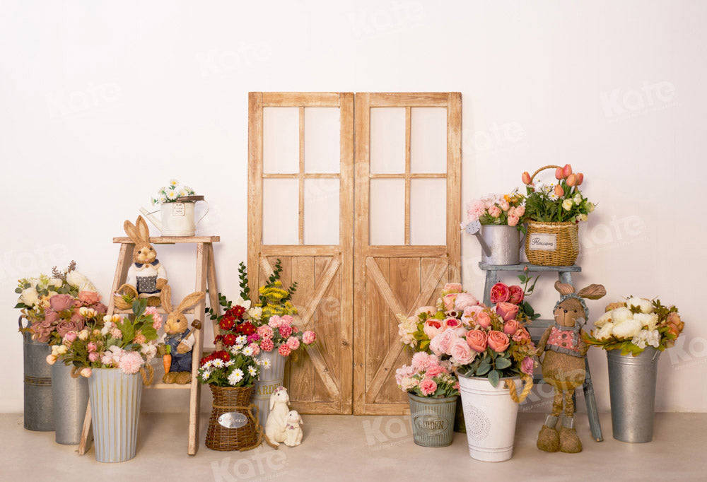 Kate Easter Flowers Rabbit Wooden Door Backdrop Designed by Emetselch