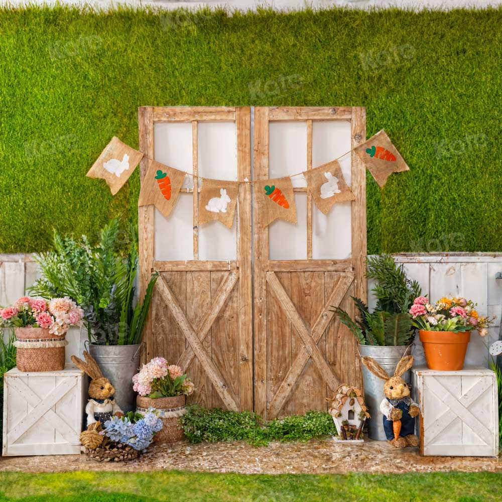 Kate Spring Green Plants Rabbit Wooden Door Backdrop Designed by Emetselch