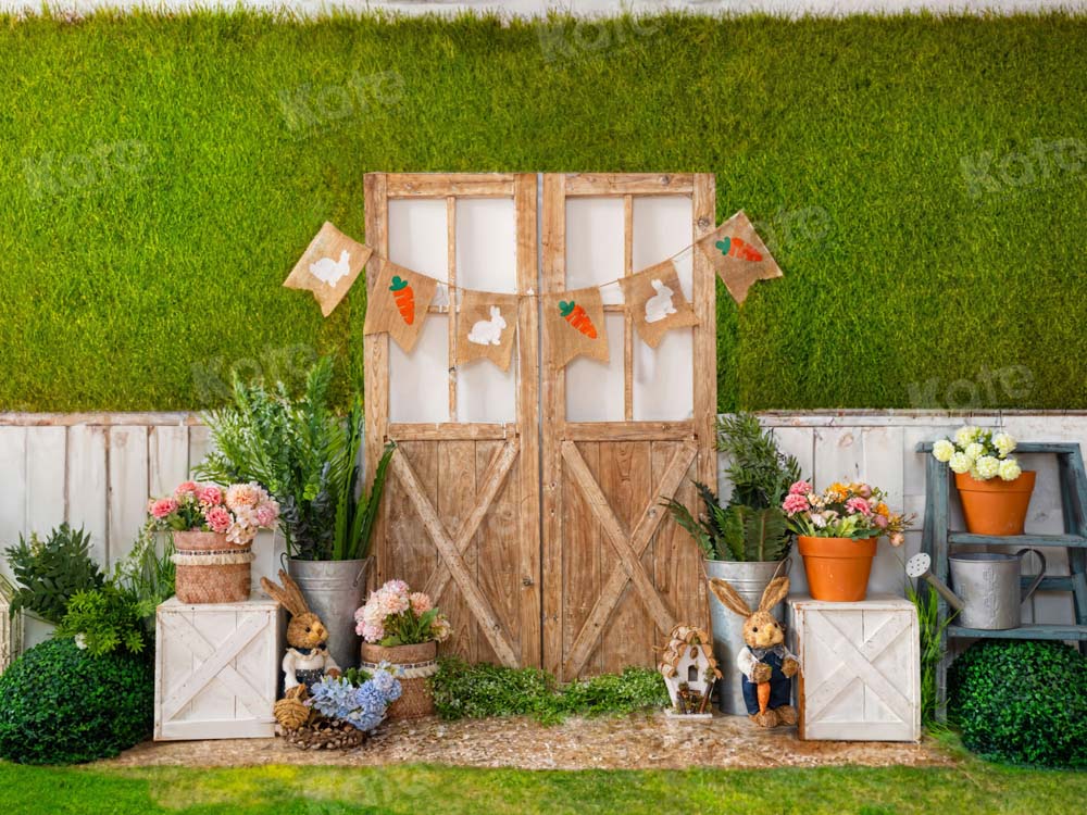 Kate Spring Green Plants Rabbit Wooden Door Backdrop Designed by Emetselch