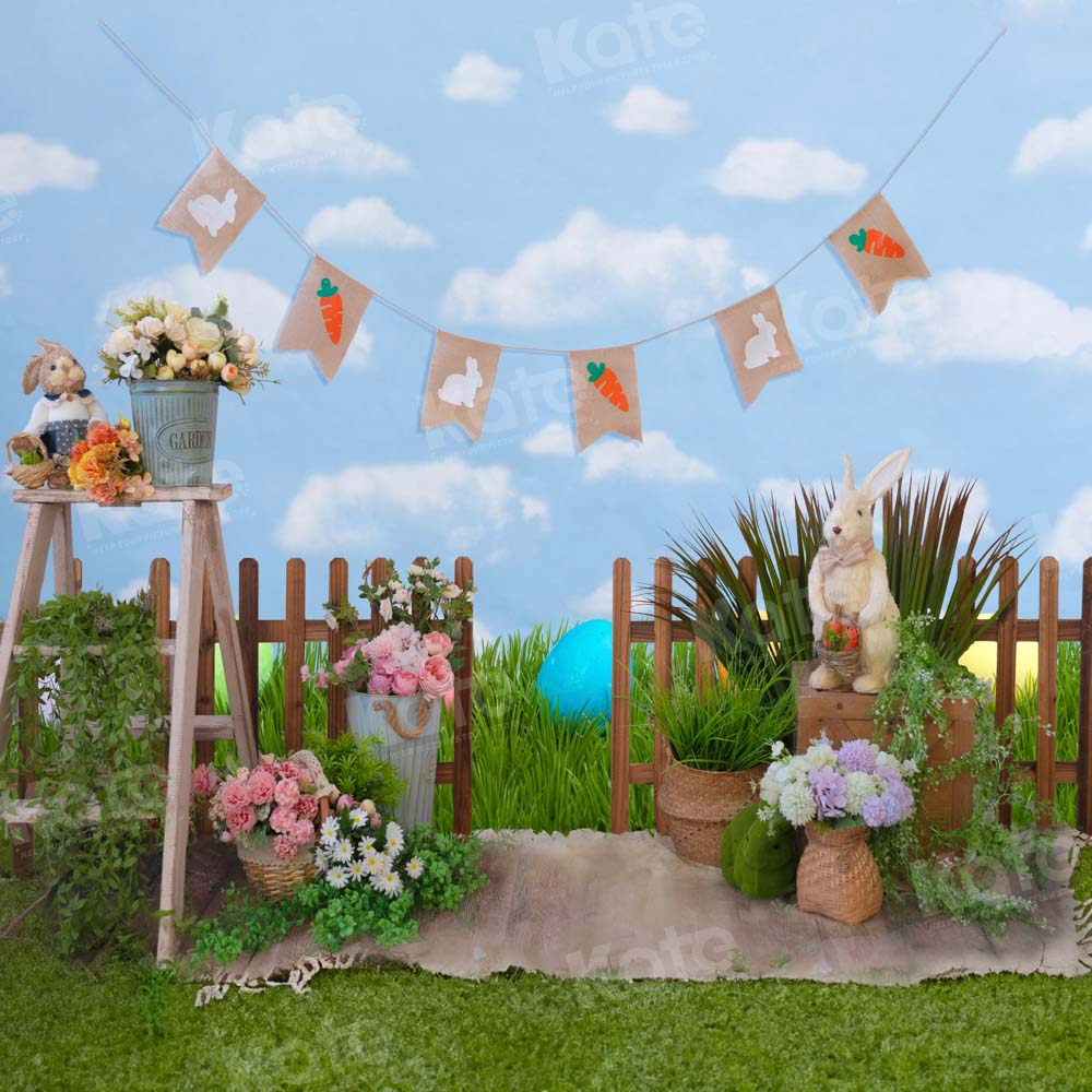 Kate Spring Green Grass Fence Rabbit Flowers Backdrop Designed by Emetselch