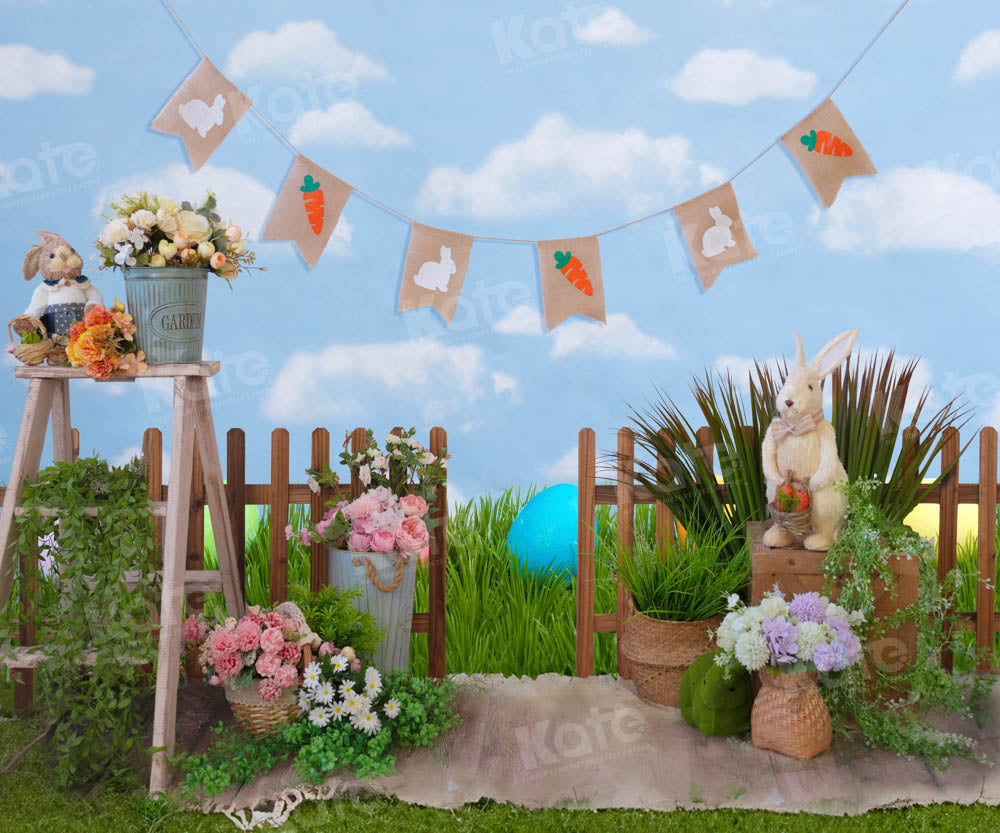 Kate Spring Green Grass Fence Rabbit Flowers Backdrop Designed by Emetselch