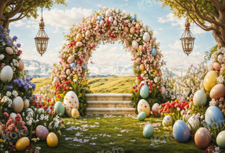 Kate Spring Easter Eggs Flowers Arch Printed Backdrop Designed by Chain Photography