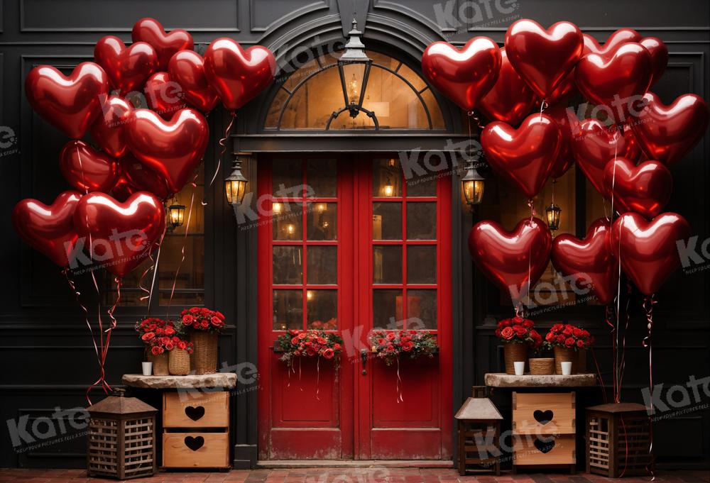 Kate Valentine's Day Balloons Flowers Red Wooden Door Backdrop Designed by Chain Photography
