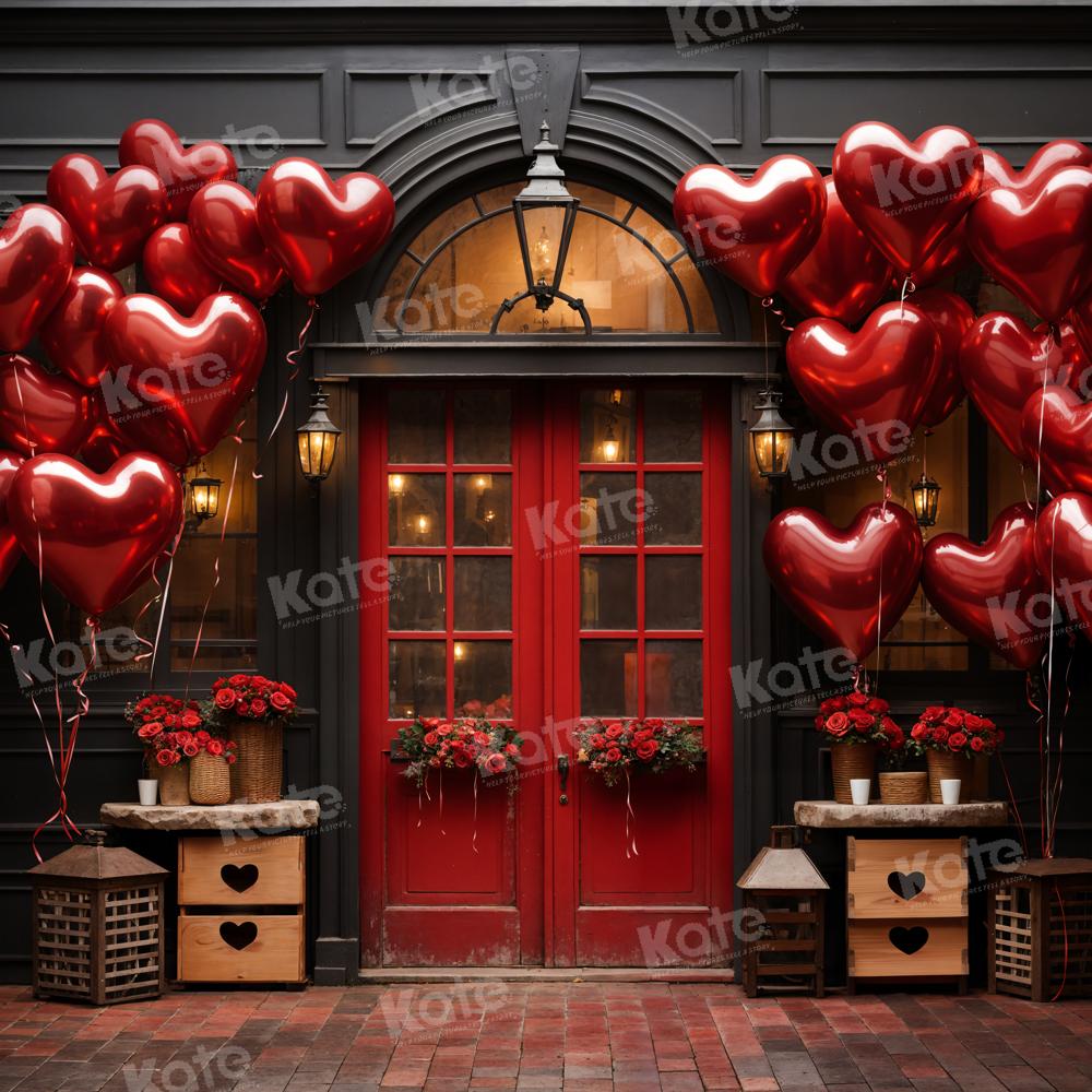 Kate Valentine's Day Balloons Flowers Red Wooden Door Backdrop Designed by Chain Photography