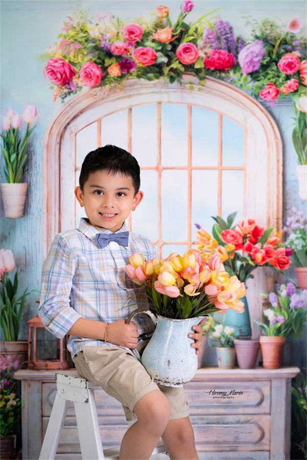 Kate Spring Flowers Potted Window Room Backdrop Designed by Chain Photography