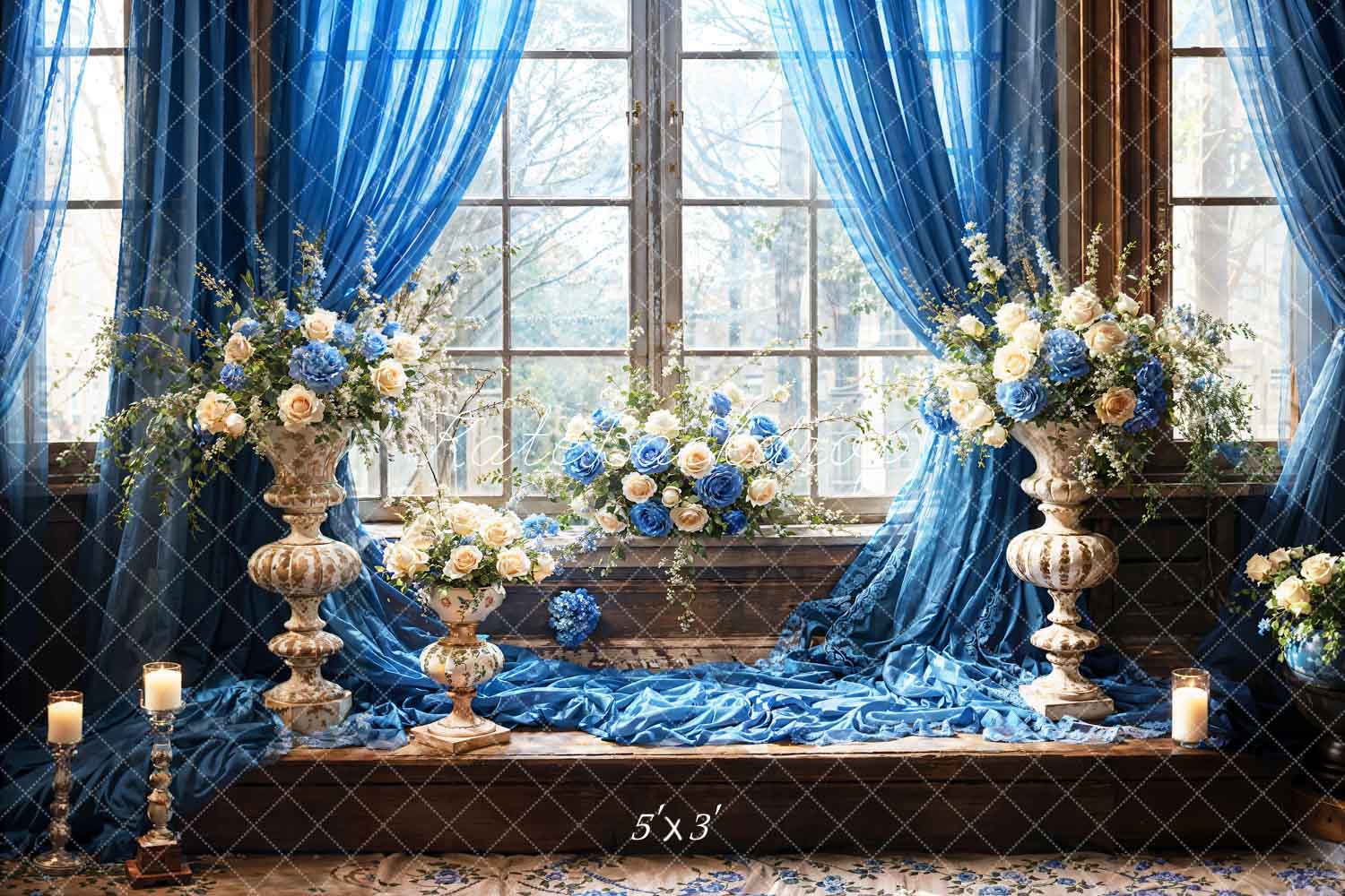 Kate Blue Flowers Candles Window Room Backdrop Designed by Emetselch