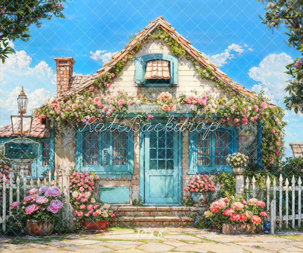 Kate Spring Flowers Fence Blue House Backdrop Designed by Emetselch